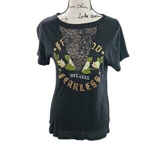 EXPRESS Shirt Black Crew Neck Fearless Short Sleeve Lace Graphic T-Shirt XS